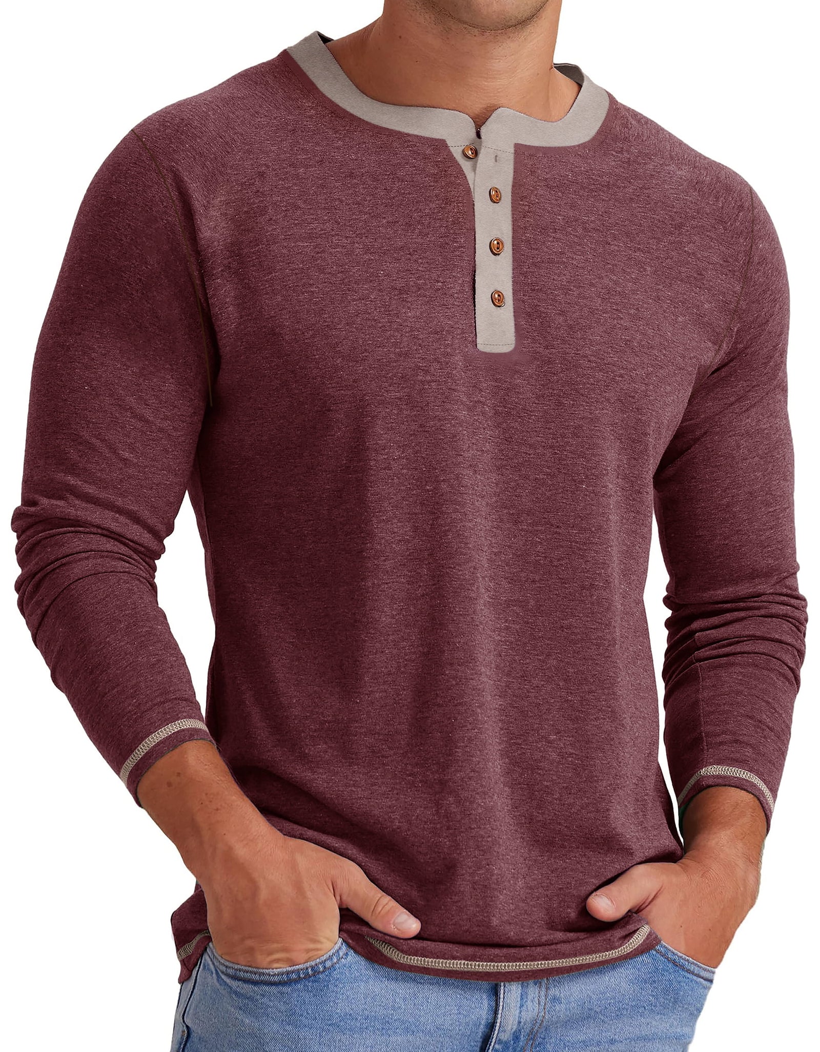 Crew Neck Henley Men Shirts Long Sleeve Shirts for Men Casual Color Block Tops