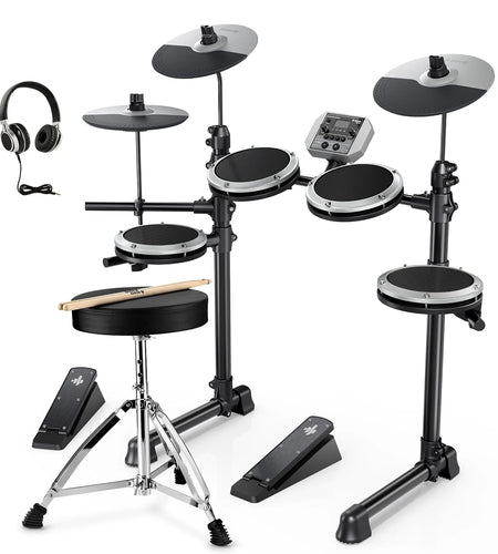 Electric Drum Set for Beginner with 180+ Sounds, Quiet Mesh Kid Child Students Electronic Drum Kit with Heavy Duty Pedals, On-Ear Headphones, DED-80 Gray