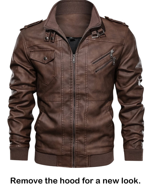 Load image into Gallery viewer, Men'S Pu Faux Leather Jacket with Removable Hood Brown 2XL
