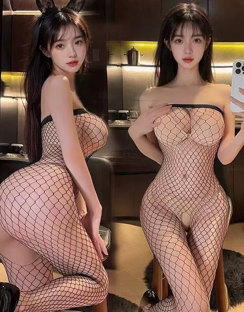 Load image into Gallery viewer, Crotchless Bodystocking Women - Mesh Sexy Lingerie One Piece, Erotic Costume for Baby Doll Dress, Black Full Body Stockings
