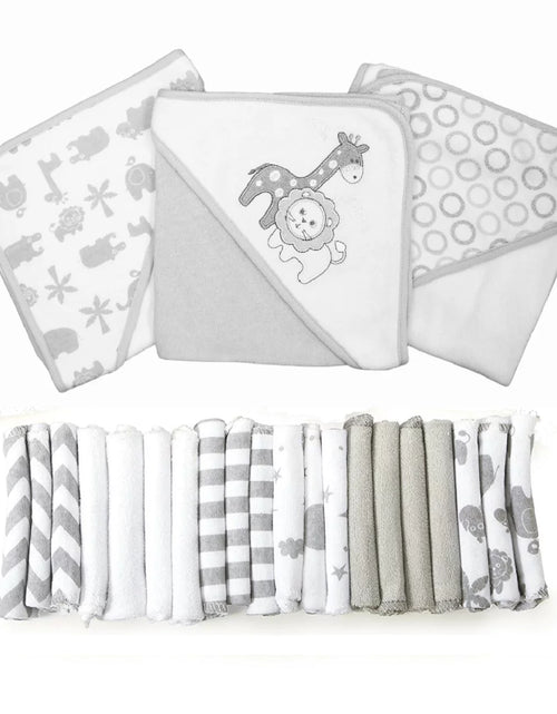 Load image into Gallery viewer, Bath Hooded Towels &amp; Washcloths Set for Babies, 23-Piece Gift Set, Gray Lion
