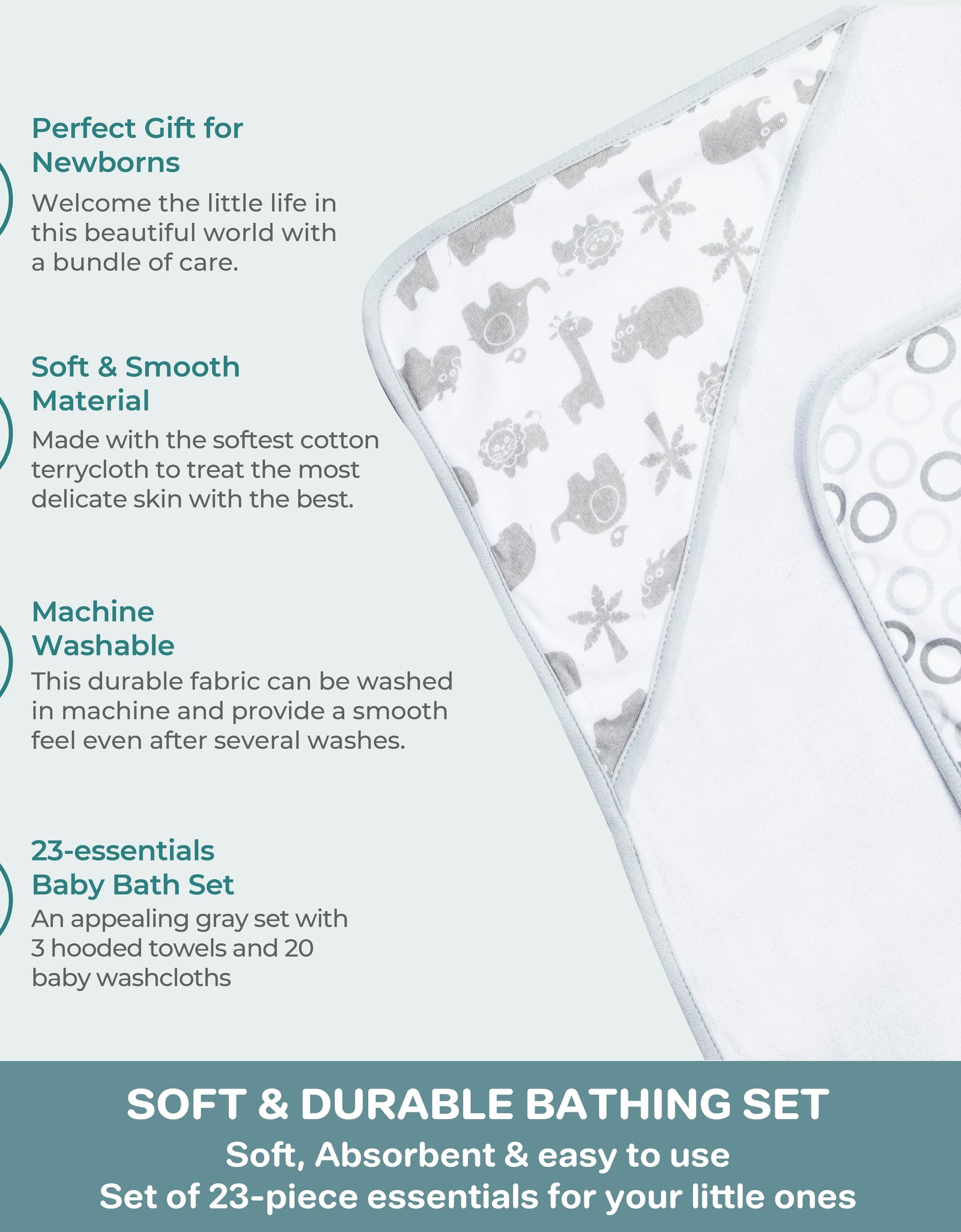 Bath Hooded Towels & Washcloths Set for Babies, 23-Piece Gift Set, Gray Lion