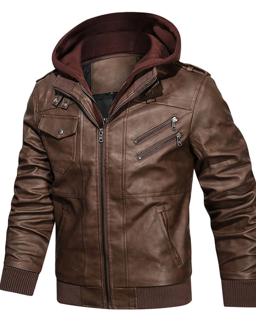Load image into Gallery viewer, Men'S Pu Faux Leather Jacket with Removable Hood Brown 2XL
