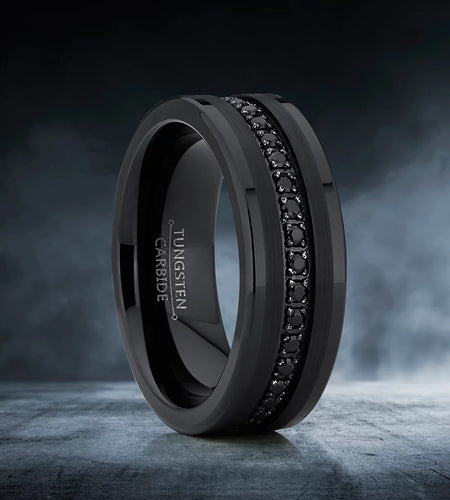 Mens Genuine Tungsten Black Wedding Band Eternity Ring Cubic Zirconia Comfort-Fit