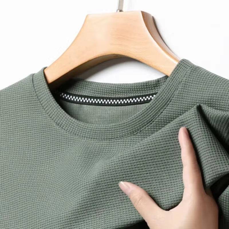 Short Sleeved Polo Shirshort Sleeved Waffle Solid Polot Fashion Splicing Men'S round Neck Top Cotton Daily Short Sleeved T-Shirt