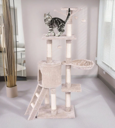 56" Cat Tree Tower for Indoor Cats with Ladder, Scratching Posts Cat Condo for Multiple Cats Jump Platform Cat Furniture Activity Center, Beige