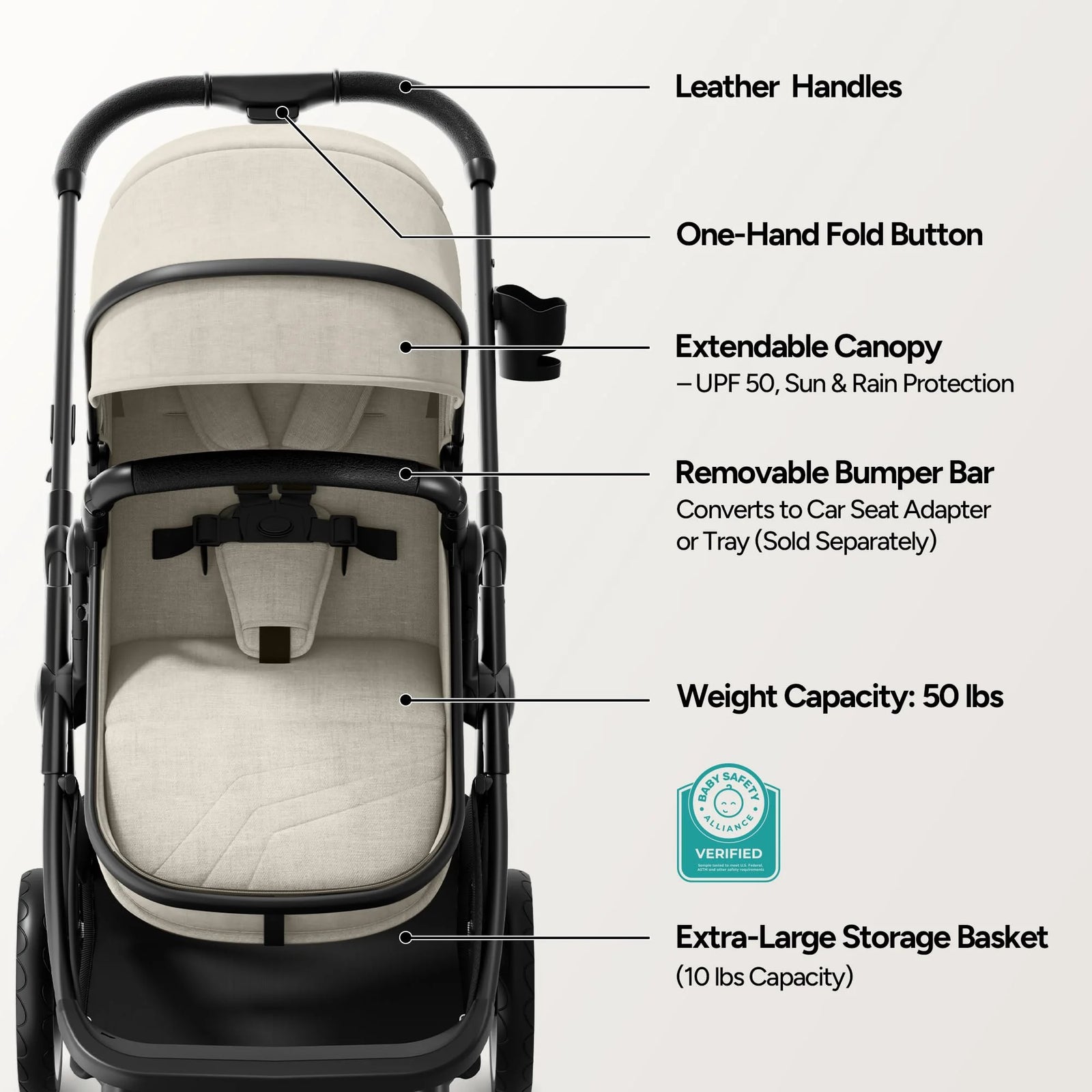 Wiz 2-In-1 Baby Stroller with Bassinet Mode, Reversible Seat and Large Canopy, Khaki, 22.3LB, Unisex